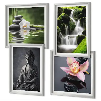 Multi-piece wall decor set featuring a Zen theme with water, stones, and Buddha