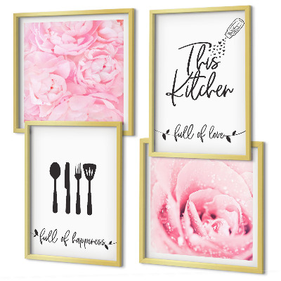 Set of 4 wall art pieces Kitchen delicate rose flowers