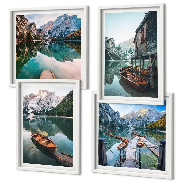 Wall art set featuring a lake, mountains, boats, and a cottage