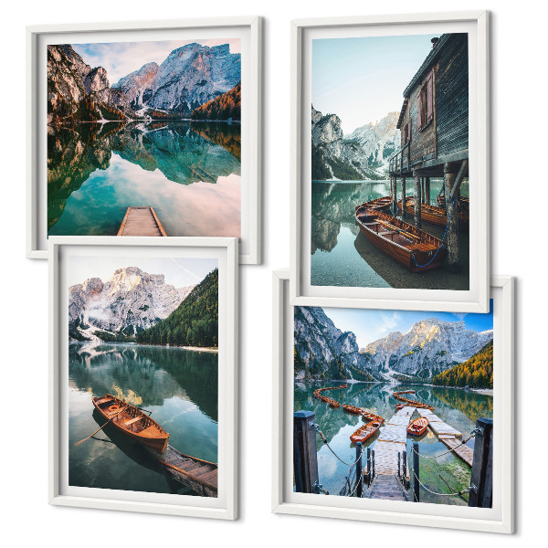 Wall art set Lake, mountains, boats, cottage