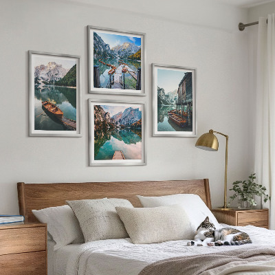 Wall art set Lake, mountains, boats, cottage