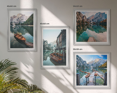 Wall art set Lake, mountains, boats, cottage