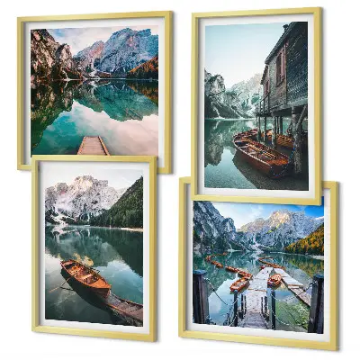 Wall art set featuring a lake, mountains, boats, and a cottage