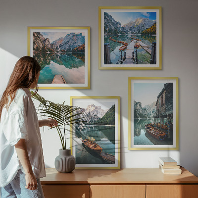 Wall art set Lake, mountains, boats, cottage