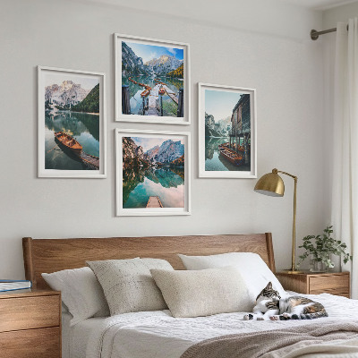 Wall art set Lake, mountains, boats, cottage