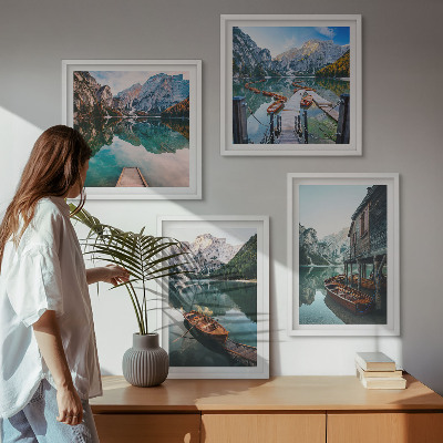 Wall art set Lake, mountains, boats, cottage