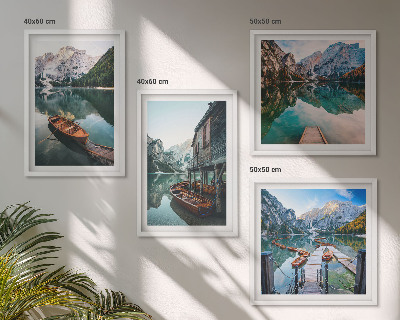 Wall art set Lake, mountains, boats, cottage