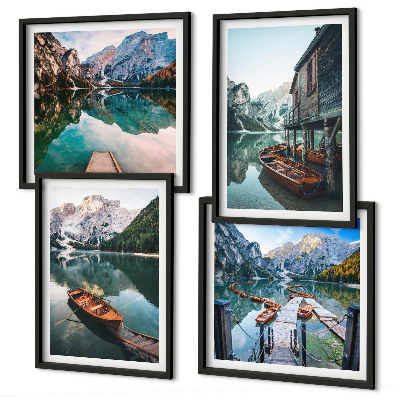 Wall art set Lake, mountains, boats, cottage