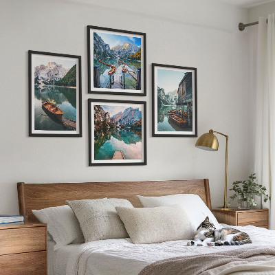 Wall art set Lake, mountains, boats, cottage