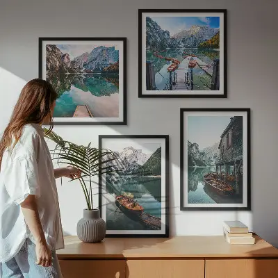 Wall art set featuring a lake, mountains, boats, and a cottage