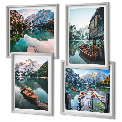 Wall art set Lake, mountains, boats, cottage