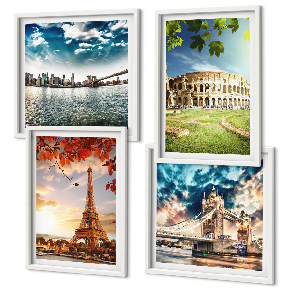 Set of 4 wall art pieces Monuments of Europe in warm colors