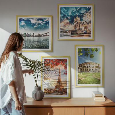 Set of 4 wall art pieces Monuments of Europe in warm colors