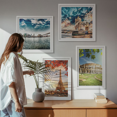 Set of 4 wall art pieces Monuments of Europe in warm colors