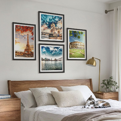 Set of 4 wall art pieces Monuments of Europe in warm colors