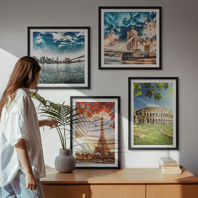 Set of 4 wall art pieces Monuments of Europe in warm colors