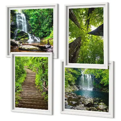 Wall art set path through a forest with a waterfall and lush vegetation