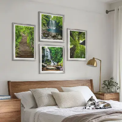 Wall art set path through a forest with a waterfall and lush vegetation
