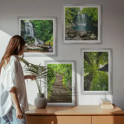 Wall art set path through a forest with a waterfall and lush vegetation