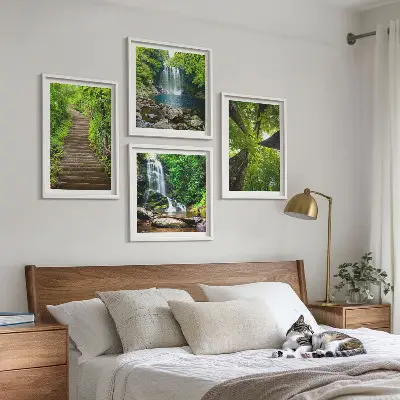 Wall art set path through a forest with a waterfall and lush vegetation