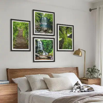 Wall art set path through a forest with a waterfall and lush vegetation