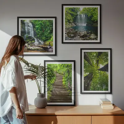 Wall art set path through a forest with a waterfall and lush vegetation