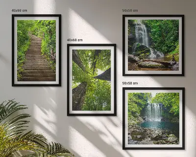 Wall art set path through a forest with a waterfall and lush vegetation