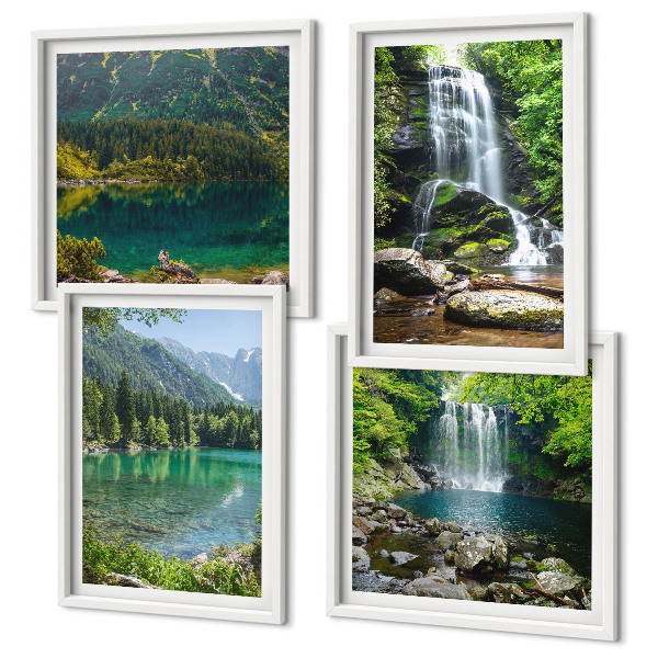 Set of 4 wall art pieces Waterfalls in green surroundings