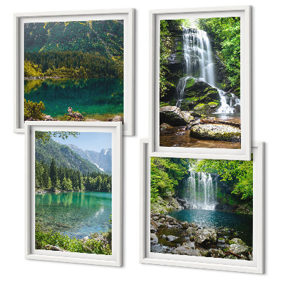 Set of 4 wall art pieces Waterfalls in green surroundings