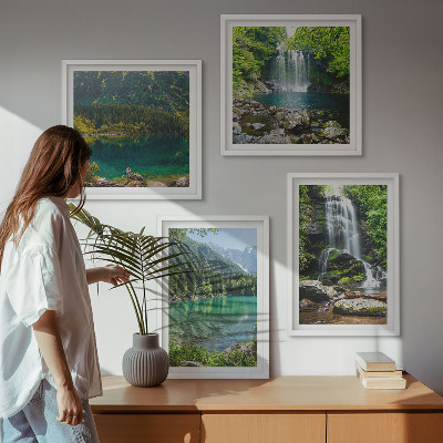 Set of 4 wall art pieces Waterfalls in green surroundings