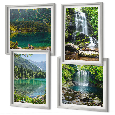 Set of 4 wall art pieces Waterfalls in green surroundings