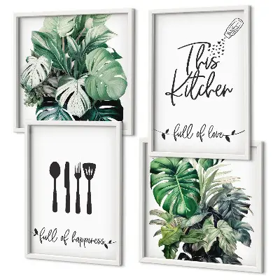 Wall art set featuring kitchen utensil and leaf patterns