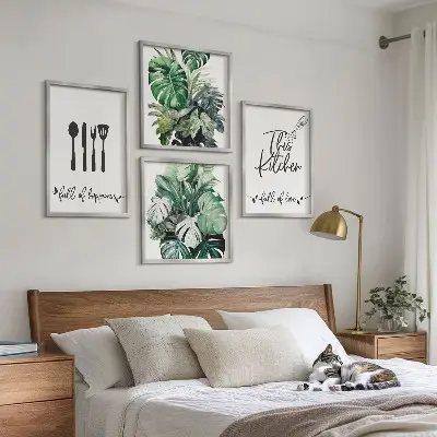 Wall art set featuring kitchen utensil and leaf patterns