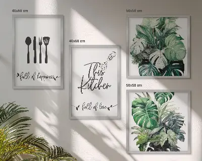 Wall art set featuring kitchen utensil and leaf patterns