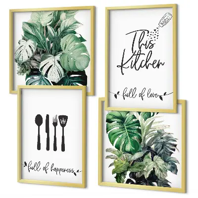 Wall art set featuring kitchen utensil and leaf patterns