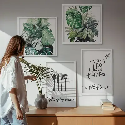 Wall art set featuring kitchen utensil and leaf patterns
