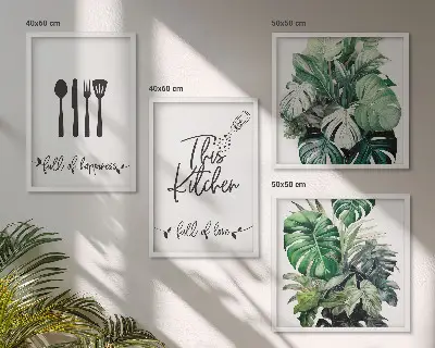 Wall art set featuring kitchen utensil and leaf patterns