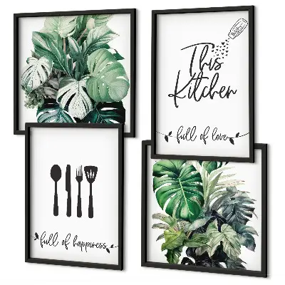 Wall art set featuring kitchen utensil and leaf patterns
