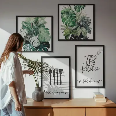 Wall art set featuring kitchen utensil and leaf patterns