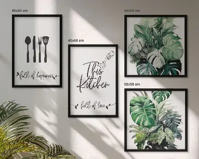 Wall art set featuring kitchen utensil and leaf patterns