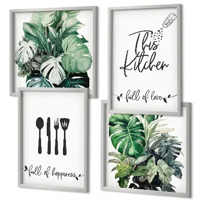 Wall art set featuring kitchen utensil and leaf patterns