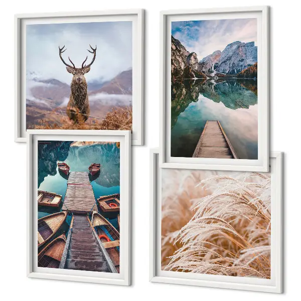 Lake boats deer and mountains wall art set of 4 pieces