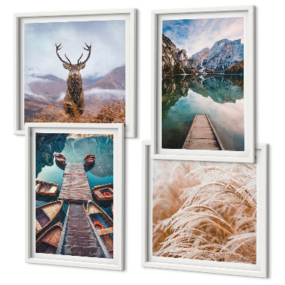 Set of 4 wall art pieces Lake boats deer mountains