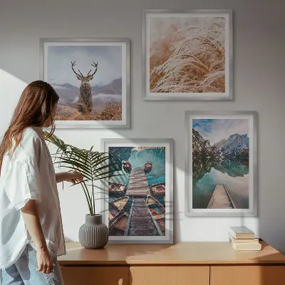Lake boats deer and mountains wall art set of 4 pieces