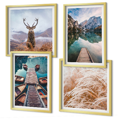 Set of 4 wall art pieces Lake boats deer mountains