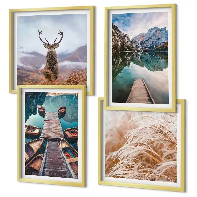 Lake boats deer and mountains wall art set of 4 pieces