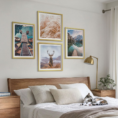 Set of 4 wall art pieces Lake boats deer mountains