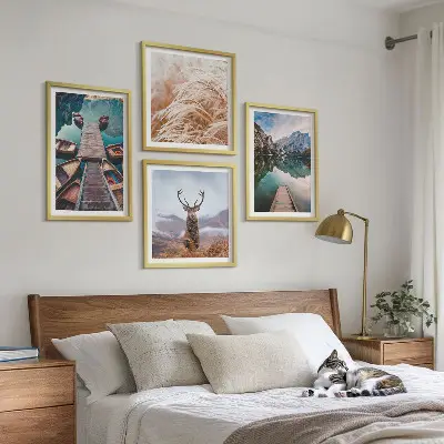 Lake boats deer and mountains wall art set of 4 pieces