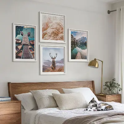 Lake boats deer and mountains wall art set of 4 pieces