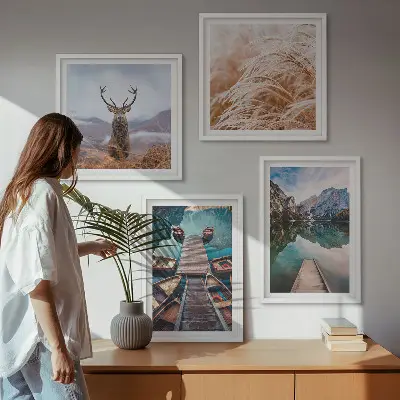 Lake boats deer and mountains wall art set of 4 pieces